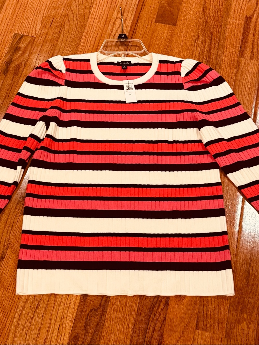 Talbots Striped Rib Knit Sweater - Pink, White & Black